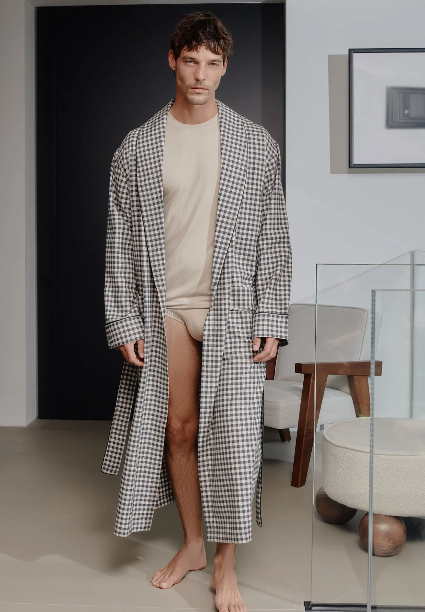 Homme Zimmerli Cozy FlannelRobe de chambre longue - oat check