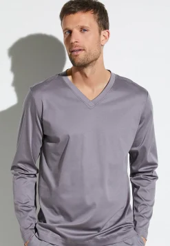 Homme Zimmerli Supreme Green CottonT-Shirt à manches longues col en V - grey