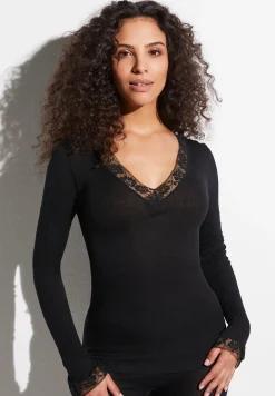 Femme Zimmerli Wool & SilkT-Shirt à manches longues col en V - black