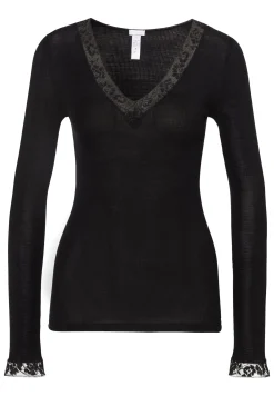 Femme Zimmerli Wool & SilkT-Shirt à manches longues col en V - black