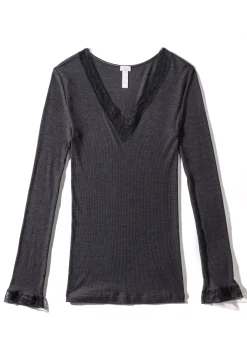 Femme Zimmerli Wool & SilkT-Shirt à manches longues col en V - anthrazit