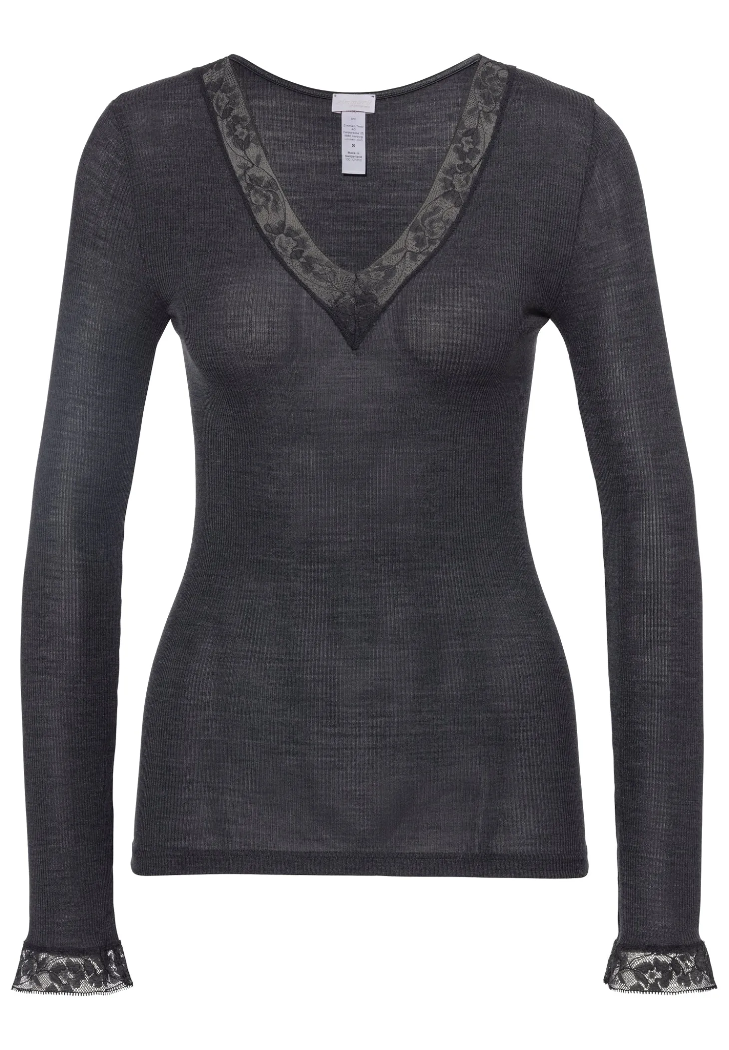 Femme Zimmerli Wool & SilkT-Shirt à manches longues col en V - anthrazit